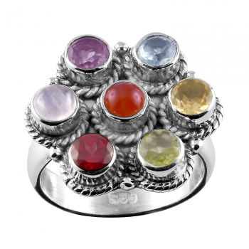 Pure silver multi color round stone ring